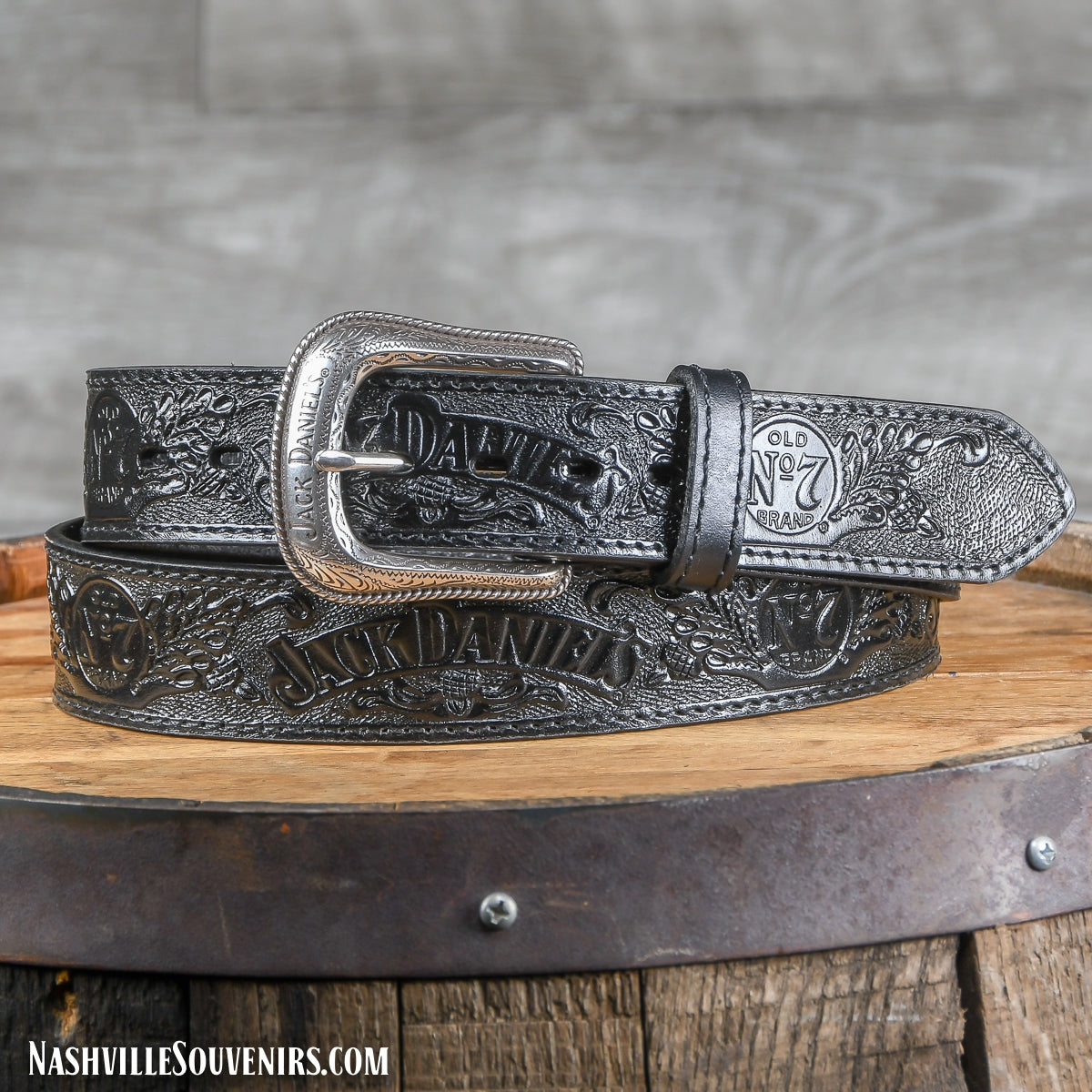 Officially licensed Black Jack Daniels Belt with Logos and Silver Buckle. Genuine full grain leather. Get yours today with FREE SHIPPING on all US orders over $75!