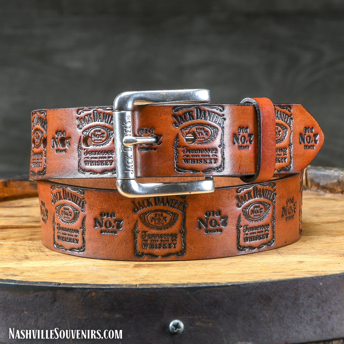 Officially licensed Men's Brown Jack Daniels Logo Stamped Belt with Jack Daniels and Old No.7 Brand logos. Get yours today with FREE SHIPPING on all US orders over $75!