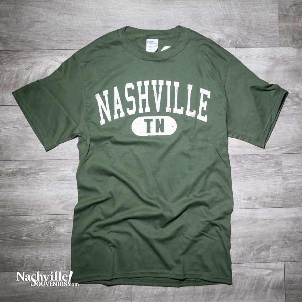 A new Olive color Nashville design that is minimalist, yet classic. It simply states "Nashville TN" in a large arched design using a weathered white type style.  The Nashville TN shirt comes in two colors, Stone Blue and Olive. They are available in sizes Small, Medium, Large, X-Large, 2X and 3X.
