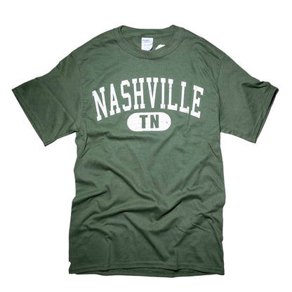 A new Olive color Nashville design that is minimalist, yet classic. It simply states "Nashville TN" in a large arched design using a weathered white type style.  The Nashville TN shirt comes in two colors, Stone Blue and Olive. They are available in sizes Small, Medium, Large, X-Large, 2X and 3X.