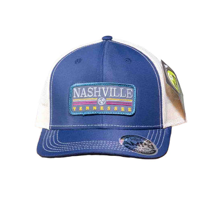 This Royal Blue Nashville Tennessee Trucker Hat features a rectangular patch with an embroidered Nashville Tennessee in various colors.  The Nashville trucker hat has a stiff, rounded bill and a cloth front crown. The body is a soft nylon mesh in various colors depending on the bill color selected.