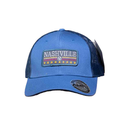 This Navy Nashville Tennessee Trucker Hat features a rectangular patch with an embroidered Nashville Tennessee in various colors.  The Nashville trucker hat has a stiff, rounded bill and a cloth front crown. The body is a soft nylon mesh in various colors depending on the bill color selected.