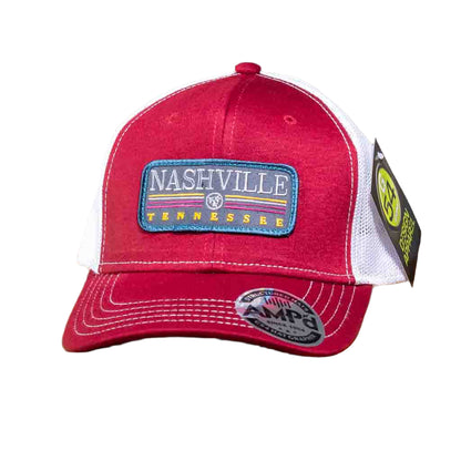 This Nashville Tennessee Trucker Hat features a rectangular patch with an embroidered Nashville Tennessee in various colors.  The Nashville trucker hat has a stiff, rounded bill and a cloth front crown. The body is a soft nylon mesh in various colors depending on the bill color selected.