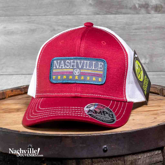 This Nashville Tennessee Trucker Hat features a rectangular patch with an embroidered Nashville Tennessee in various colors.  The Nashville trucker hat has a stiff, rounded bill and a cloth front crown. The body is a soft nylon mesh in various colors depending on the bill color selected.
