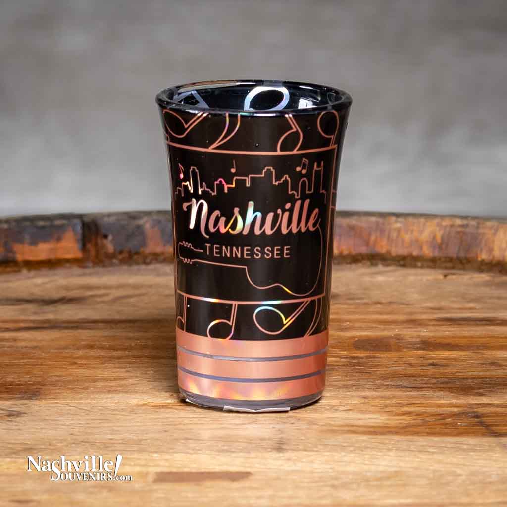 Our "Nashville Tennessee Skyline" Shot Glass features a great skyline and logo in a reflective gold printing technique.