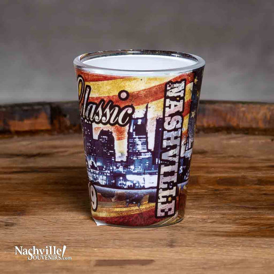 A new design Country Classic Nashville Skyline Shot Glass printed with a colorful and scenic background of Nashville, TN.