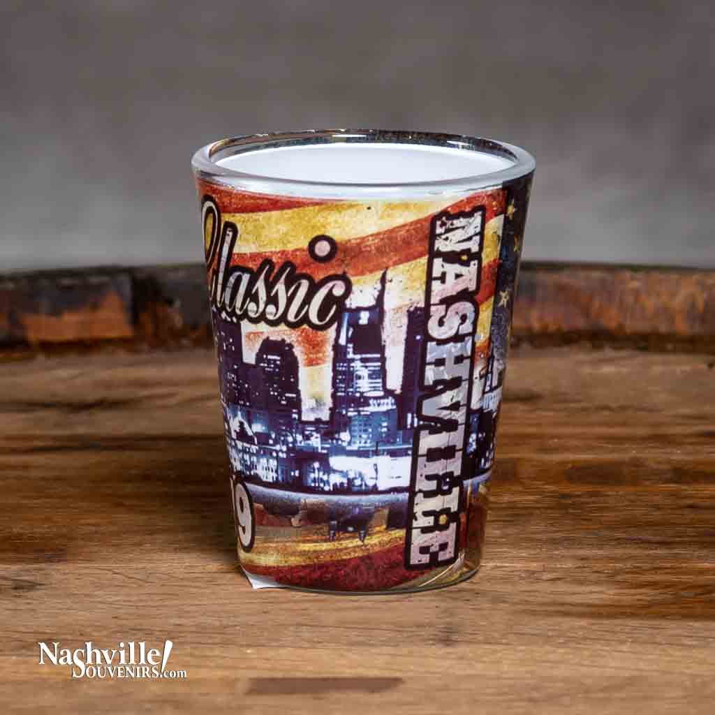A new design Country Classic Nashville Skyline Shot Glass printed with a colorful and scenic background of Nashville, TN.