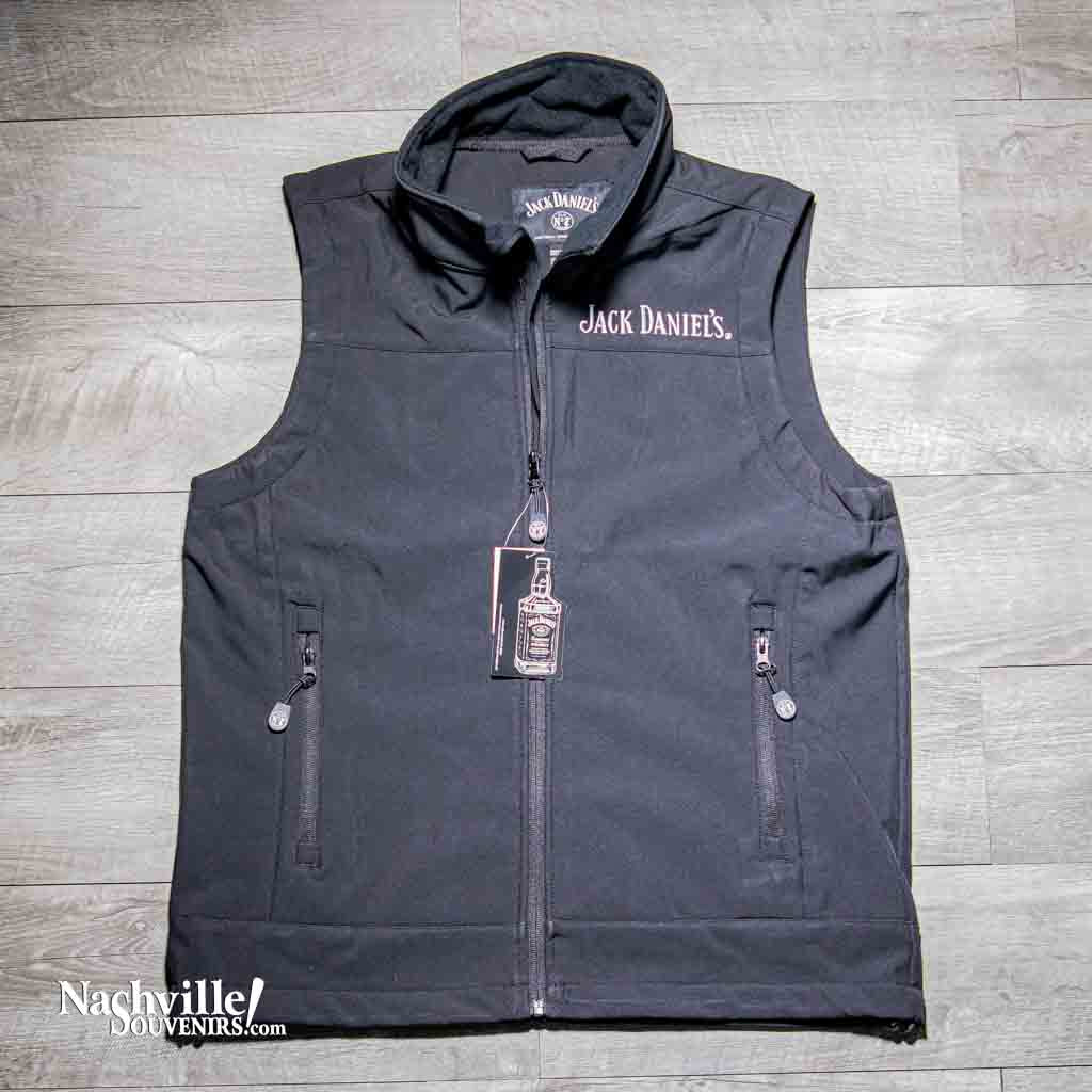 Officially licensed Jack Daniels vest made of soft shell polyester with a zip-up front. Has Jack Daniels embroidered on the front left chest and also has the circular Old No.7 Brand round logo on the back below the neck area.