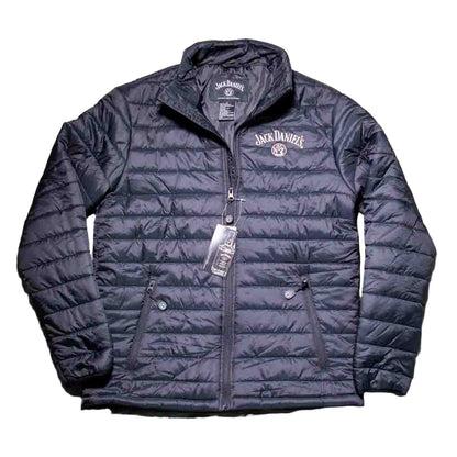 Officially licensed Jack Daniels Puffer Jacket is made of soft shell nylon exterior with two front zip-up pockets. Has Jack Daniels Swing and Bug embroidered logo on the front left chest.
