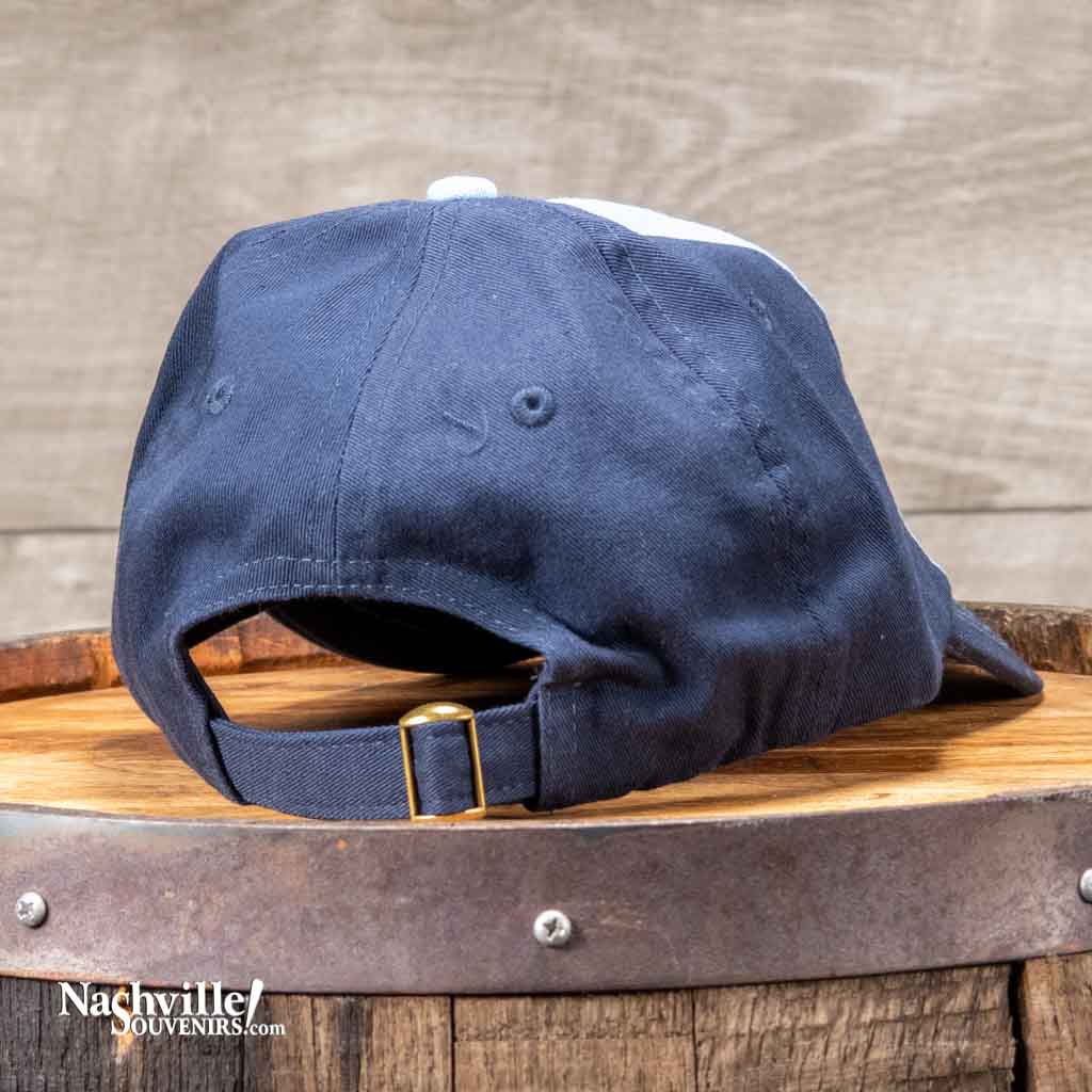 Rear view of a new embroidered Nashville hats feature a big two toned embroidered "Nashville" logo in white and blue surrounded by the words "Music City Tennessee" in the background.
