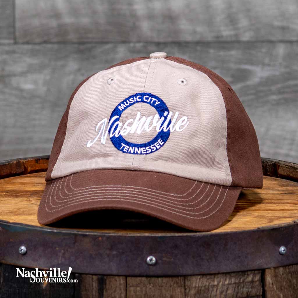 New embroidered Nashville hats feature a big two toned embroidered "Nashville" logo in white and blue surrounded by the words "Music City Tennessee" in the background.
