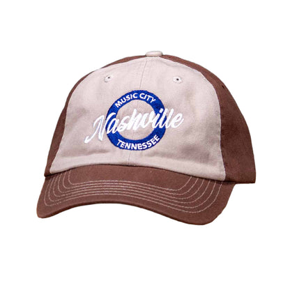 New embroidered Nashville hats feature a big two toned embroidered "Nashville" logo in white and blue surrounded by the words "Music City Tennessee" in the background.