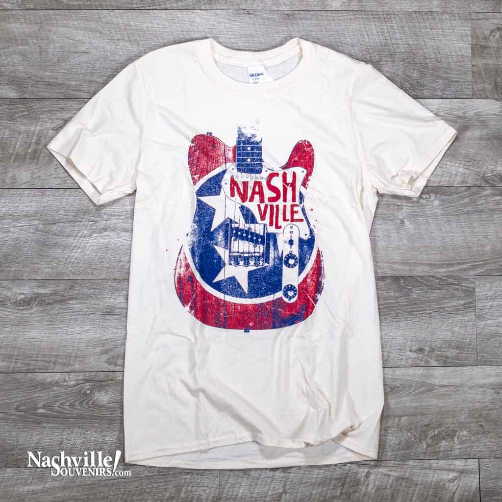 A comfy new Tri-star guitar Nashville T-shirt that features a great logo that incorporates the TN state Flag and "Nashville" within the body of an electric guitar.