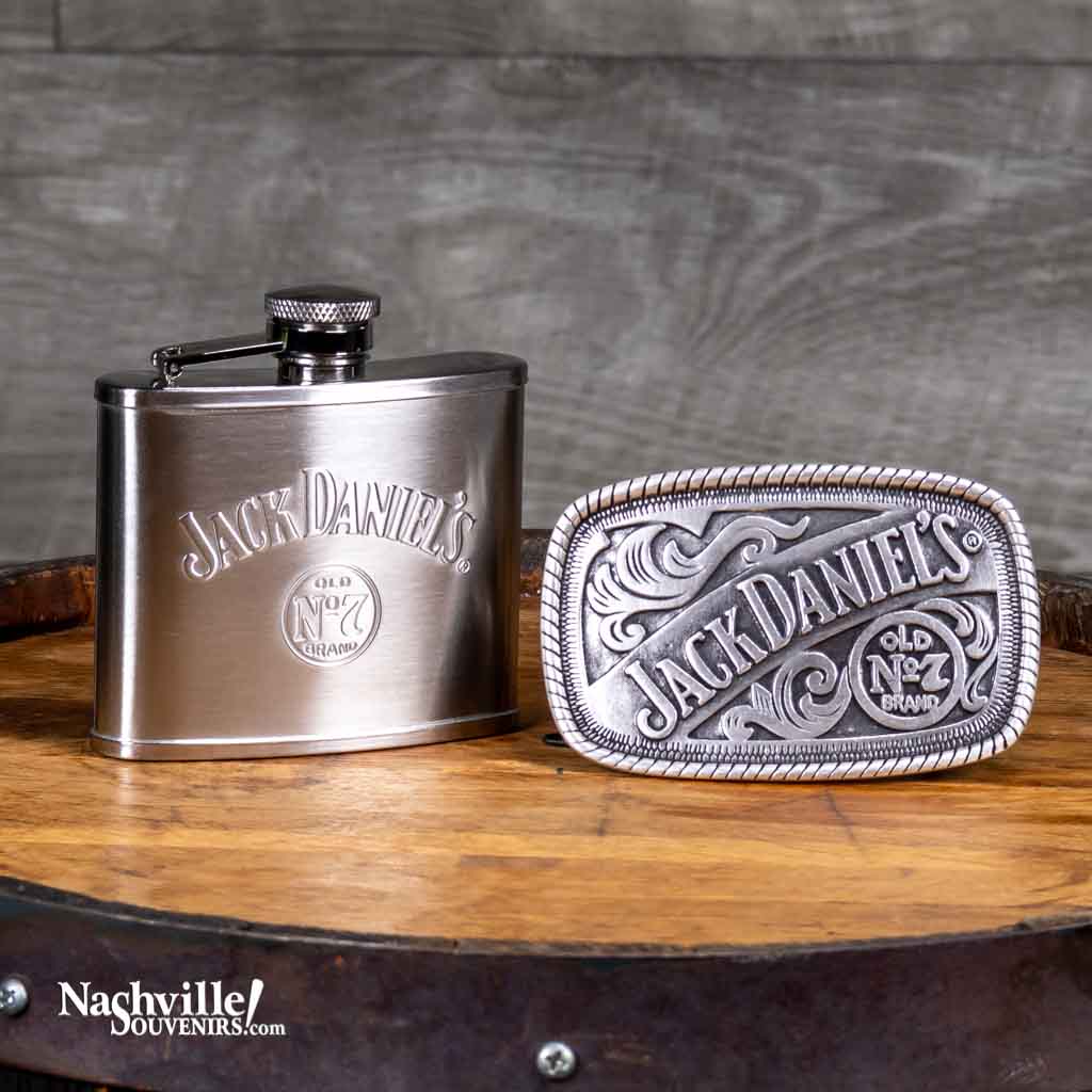 This classic Jack Daniels Gift Set with Belt Buckle and Flask includes a 4 ounce stainless steel flask and a belt buckle. The Jack Daniels Swing logo and Old No. 7 Brand logo are embossed on the flask.   Complementing the flask is an ornate metal, rectangular shaped belt buckle with the Jack Daniels Swing logo and Old No.7 Brand logo beneath. 