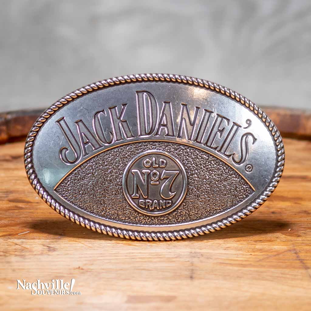 Oval shaped Jack Daniels Cowboy Belt Buckle with Old No.7 Logo.