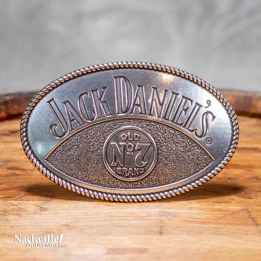 Oval shaped Jack Daniels Cowboy Belt Buckle with Old No.7 Logo.