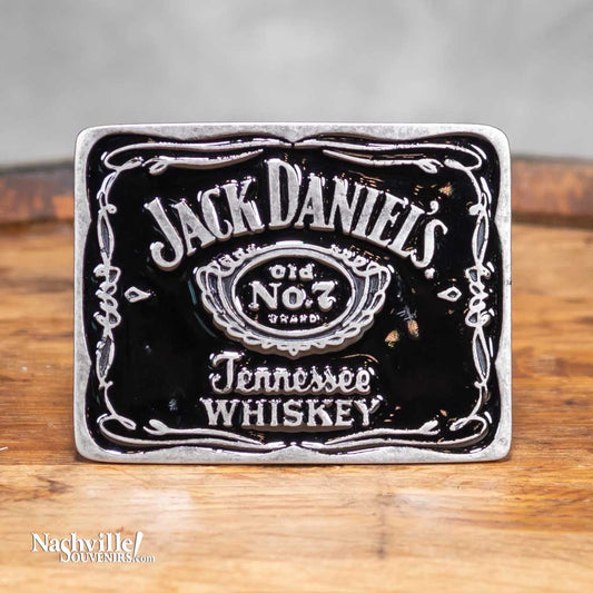 Officially licensed Jack Daniel's "Tennessee Whiskey" Belt Buckle. This new design boasts a large Jack Daniel's swing and cartouche logo with "Tennessee Whiskey" prominently featured below.