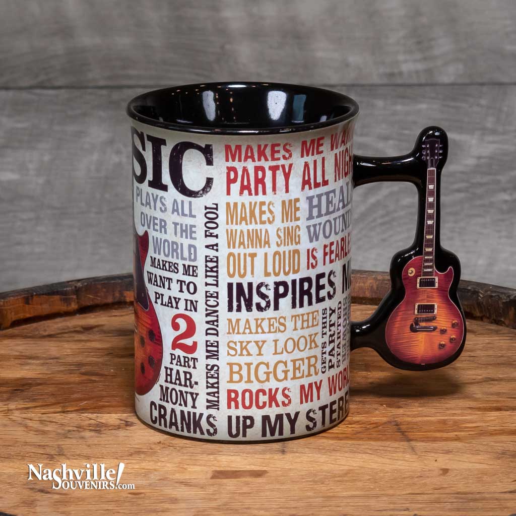 A great new mug design that sings the praises of Music. The "Music Inspires Me" Guitar Coffee Mug is big and easy to grip.   This mug design features a beautiful multi-color design that includes all types of descriptions about the power of music. The handle features a full color electric guitar.