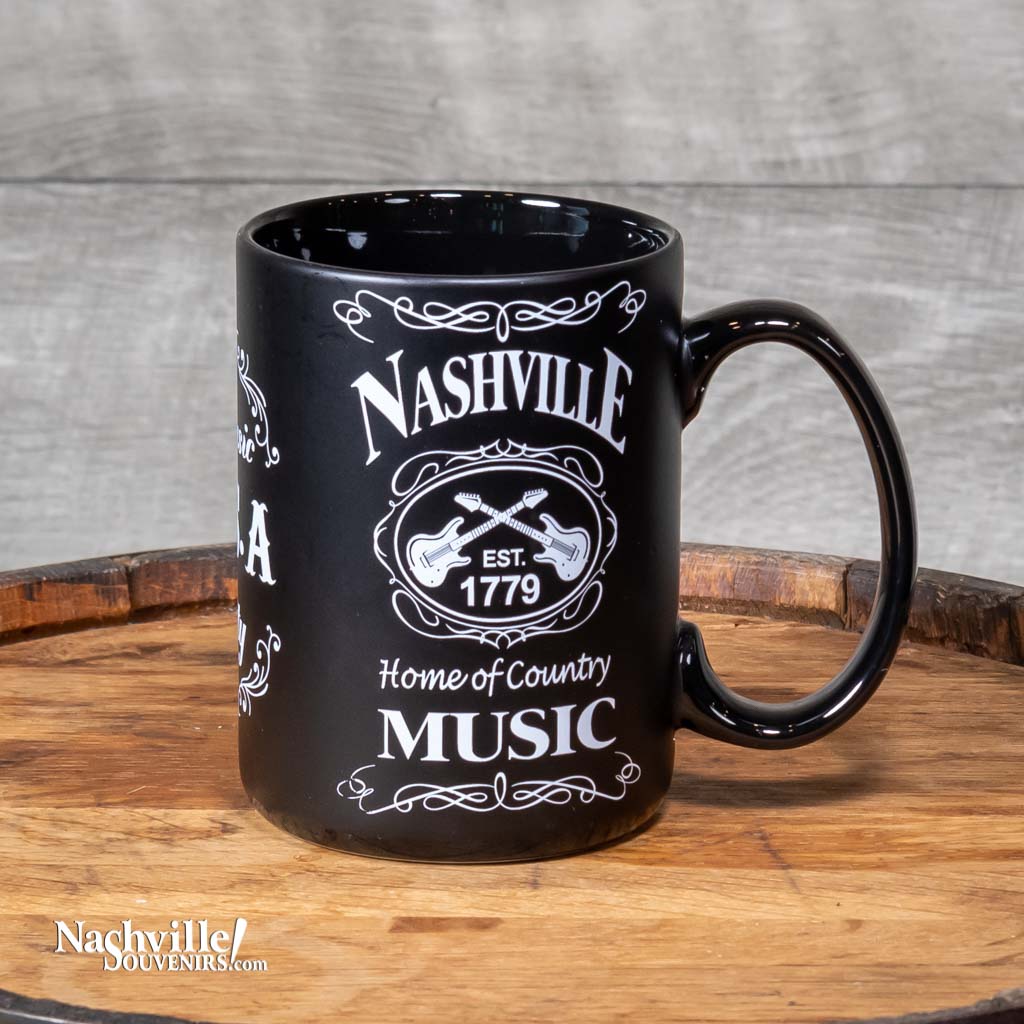 A great new Nashville "Home of Country Music" Mug design that is big and easy to grip.   This mug design features a prominent Nashville with crossed guitars and "Home of Country Music" below.  The white on black design is inspired by our famous Tennessee Whiskey.
