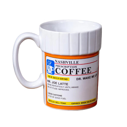 Alternate view of just what the doctor ordered! Wake up sipping from your Nashville "Prescription Coffee" Mug. A colorful new Nashville mug designed based upon a prescription bottle idea.