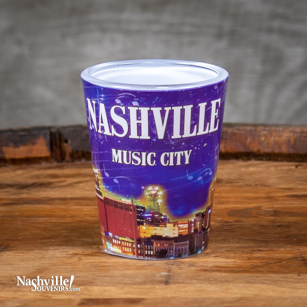 Nashville Music City Skyline Shot Glass features a full wrap image of Nashville's skyline emblazoned with a big, bold NASHVILLE.