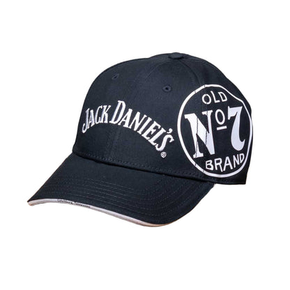 Officially licensed Jack Daniel's "Old No.7 Brand" Hat boast big, bold logos in white against the black background. Look very closely at the front of the brim and you'll find the name "Lynchburg, Tennessee" where this great whiskey is made.