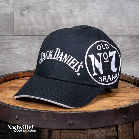 Officially licensed Jack Daniel's "Old No.7 Brand" Hat boast big, bold logos in white against the black background. Look very closely at the front of the brim and you'll find the name "Lynchburg, Tennessee" where this great whiskey is made.