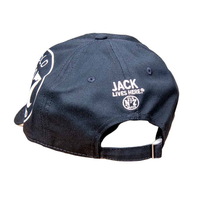 Rear view of an officially licensed Jack Daniel's "Old No.7 Brand" Hat boast big, bold logos in white against the black background. Look very closely at the front of the brim and you'll find the name "Lynchburg, Tennessee" where this great whiskey is made.