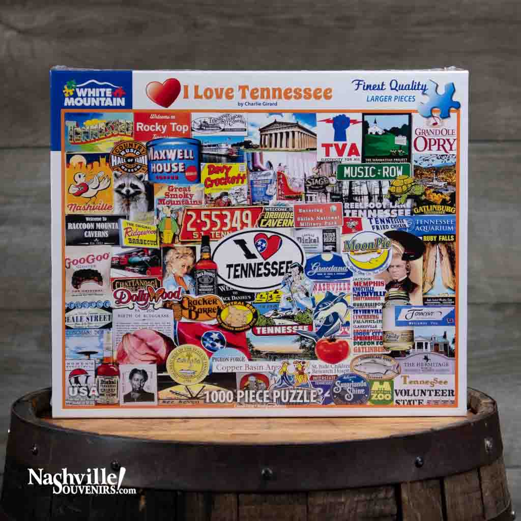 This is one of several great "Made in the USA" puzzles here in our store. This one is a 1000 piece "I Love Tennessee" jigsaw puzzle and displays all kinds of people and places that make Tennessee the great state that it is.