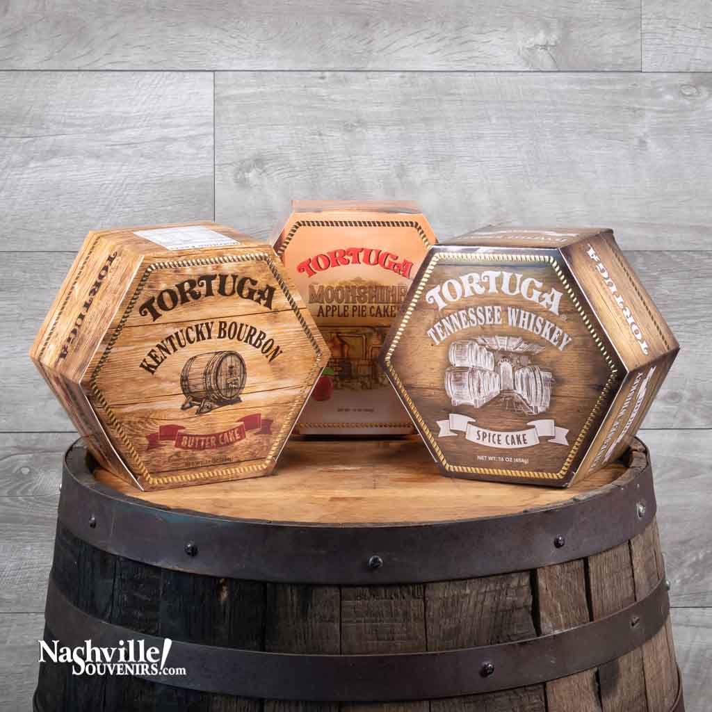 Thrre flavors of Tortuga cakes including Tennessee Whiskey Spice cake, Kentucky Bourbon Butter cake and Moonshine Apple Pie cake.