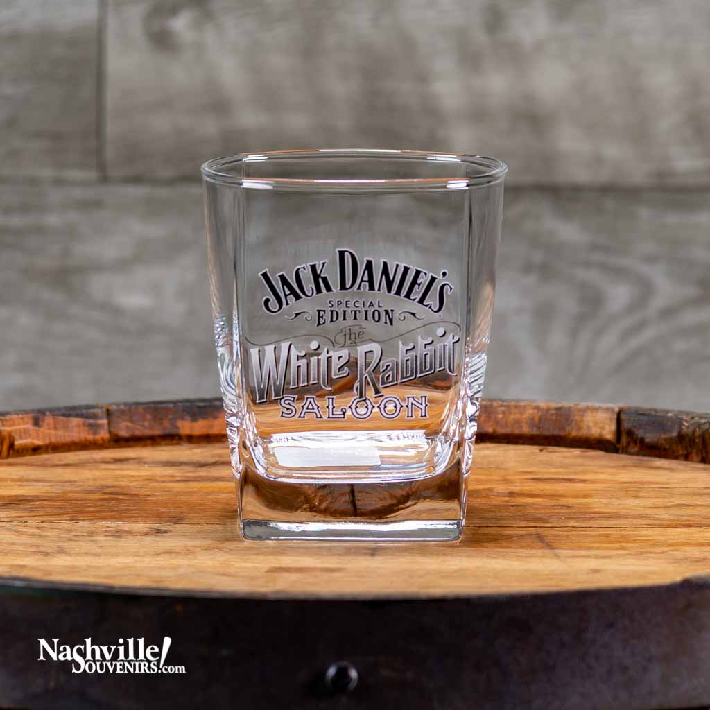 Officially licensed Collectible Jack Daniel's "White Rabbit Saloon" DOF Glass is a great addition to your JD barware.  This JD double old fashion glass pays homage to the original White Rabbit saloon opened by "Mr. Jack" himself in Lynchburg in 1892.
