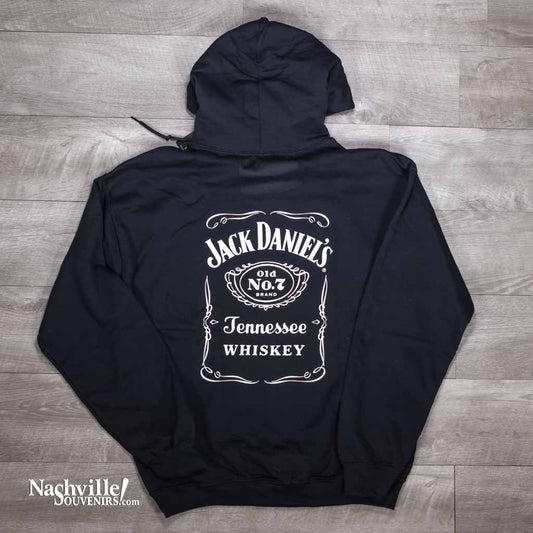 Officially licensed Jack Daniels Old No.7 Brand Black Hoodie with Old No.7 Brand Swing and Bug logo prominently displayed on the front. The rear of the JD hoodie features a large white bottle label logo.