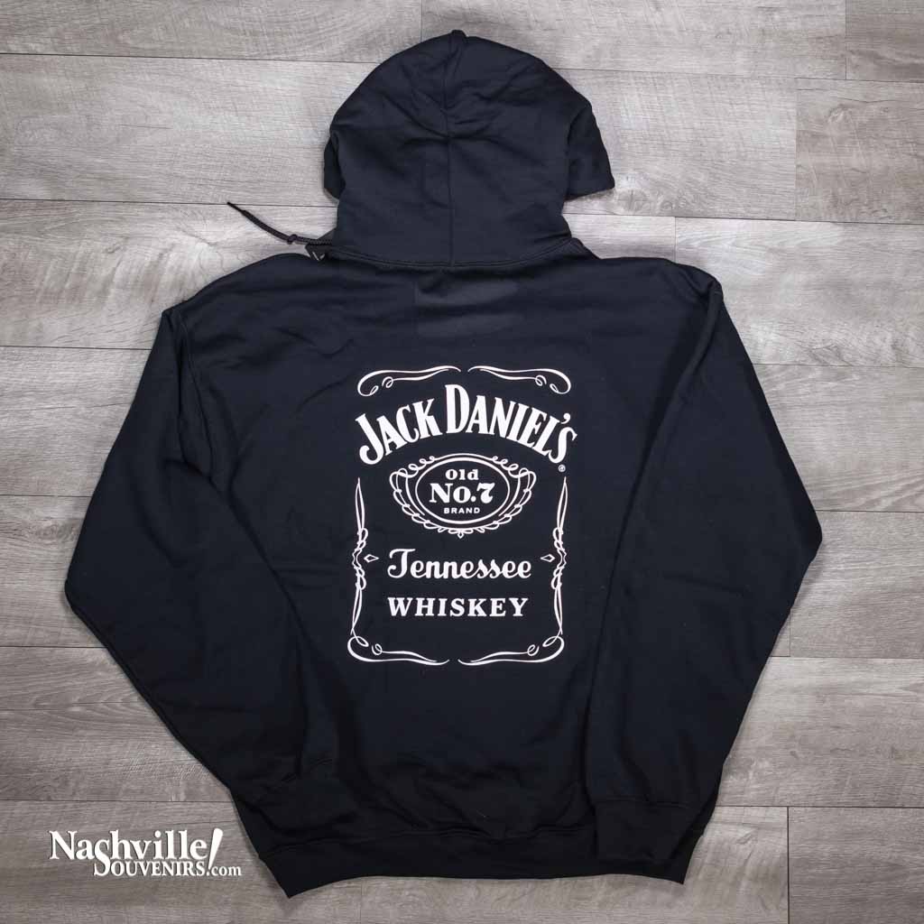 Officially licensed Jack Daniels Old No.7 Brand Black Hoodie with Old No.7 Brand Swing and Bug logo prominently displayed on the front. The rear of the JD hoodie features a large white bottle label logo.