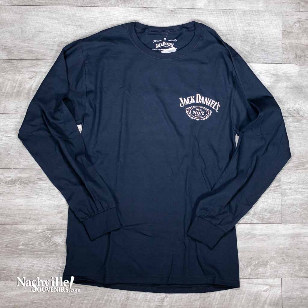 This is the old standard! A classic officially licensed long sleeve Jack Daniels "Bottle Label" Tennessee Whiskey T-shirt.  The front left chest area features the classic Jack Daniel's Swing and Cartouche logo design. The back of the JD shirt (pictured) boasts  a large and instantly recognizable Jack Daniels bottle label logo in a bold white design logo.