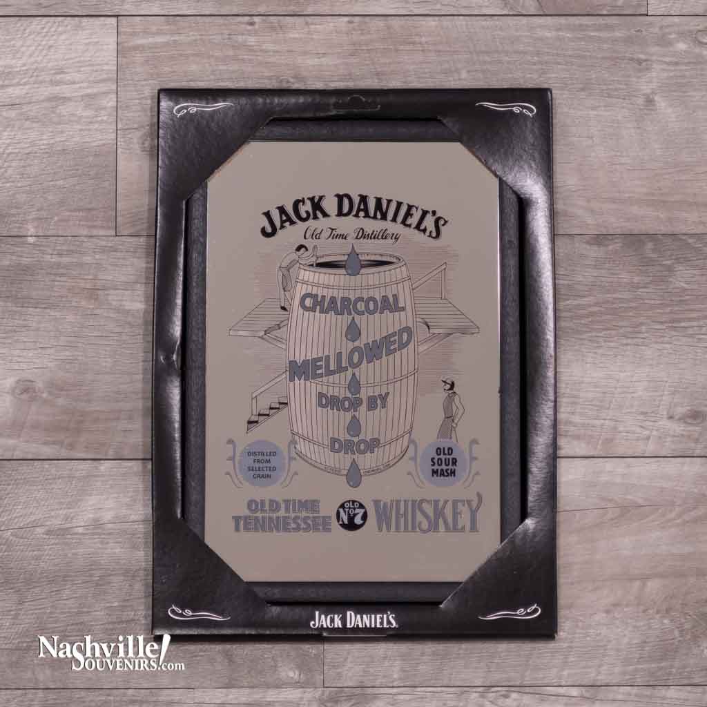 Officially licensed Jack Daniel's "Charcoal Mellowed Whiskey" Mirror screen printed in black with images of the distillery barrels printed on the mirror.  The mirror measures 8 1/2" x 12 1/2" and is in a black frame.  Get yours today with FREE SHIPPING on all US orders over $75!