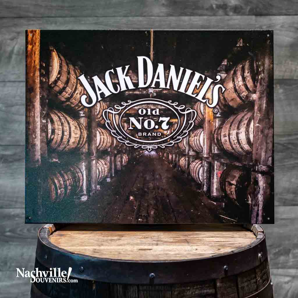 All new Jack Daniel's "Barrel House" Tin Sign that measures 12.5" high by 16" wide. It features the Old No.7 logo in front of an iconic photograph of the Jack Daniel's Barrel House.
