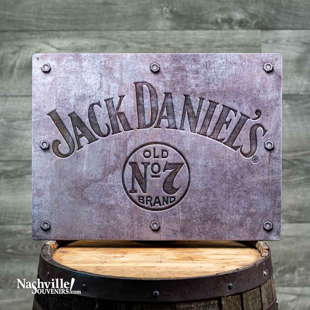 All new Jack Daniel's "Old No.7" Embossed Tin Sign is one you've got to feel to believe!  The Jack Daniel's Swing and Bug logo is embossed into the metal. Run your hands across the surface and you can feel the embossed logos as well as the bolts that run along the edges.