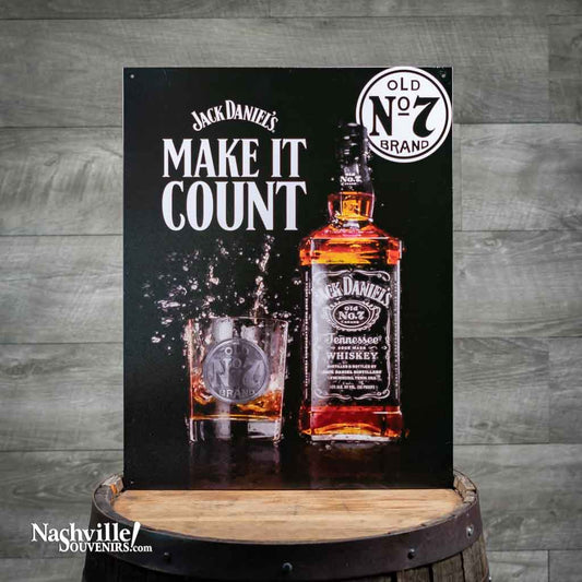 All new Jack Daniel's "Make it Count" Tin Sign that measures 12.5" wide by 16" high. This high quality Jack Daniel's tin sign also has pre-drilled holes making it very easy to hang.