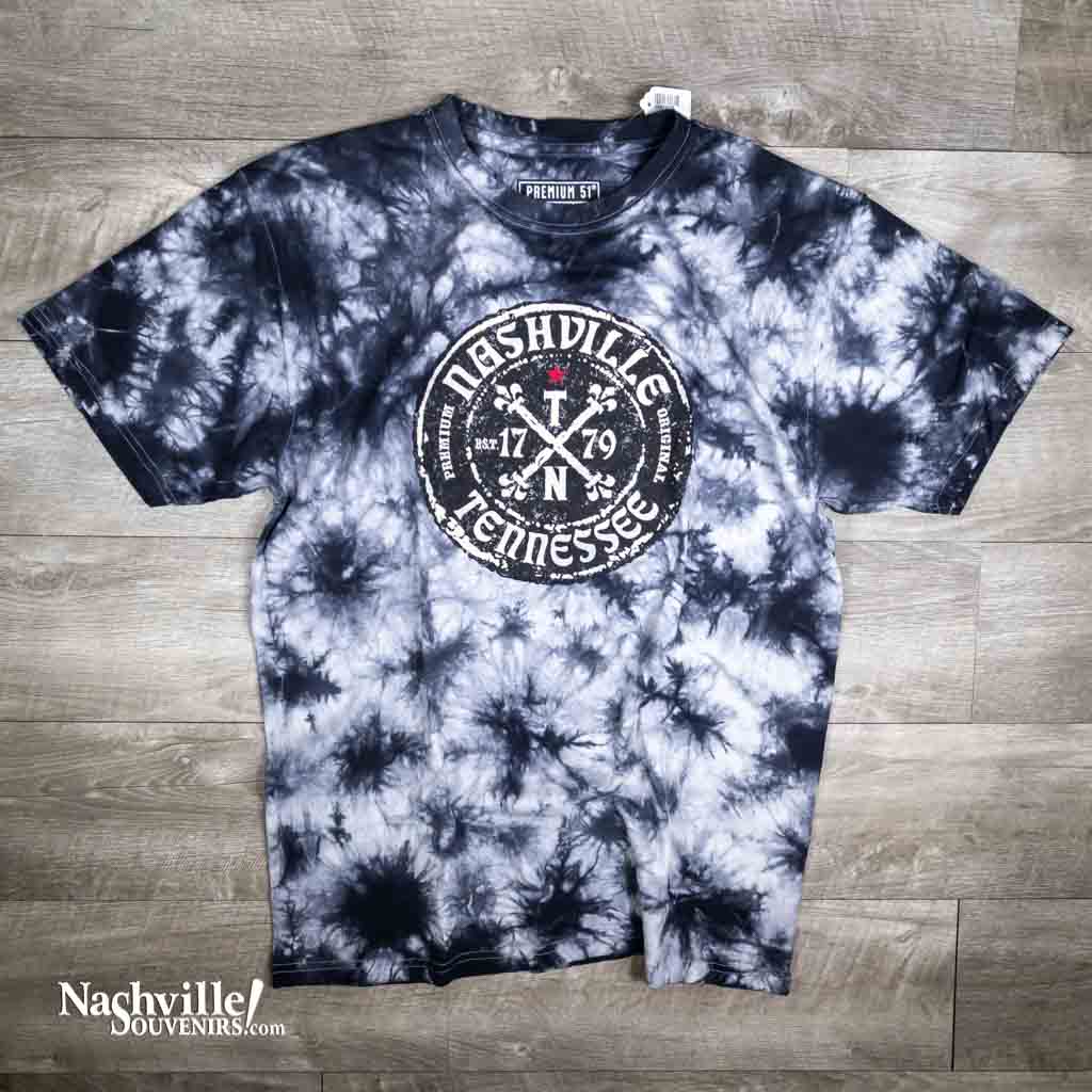 Another great new design from our "Premium 51" brand of fine goods. This tie dye Nashville "Premium 51" T-shirt is a super comfy shirt with a large circular Nashville logo design in a distressed black, white and red font.