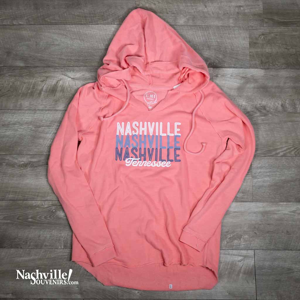 As comfortable as they come...that's how we describe our new women's "NASHVILLE NASHVILLE NASHVILLE" Hoodie. Try one on and we think you'll agree.  One of our new designs, this features a big bold design with Nashville printed in three different colors with "Tennessee" printed underneath.