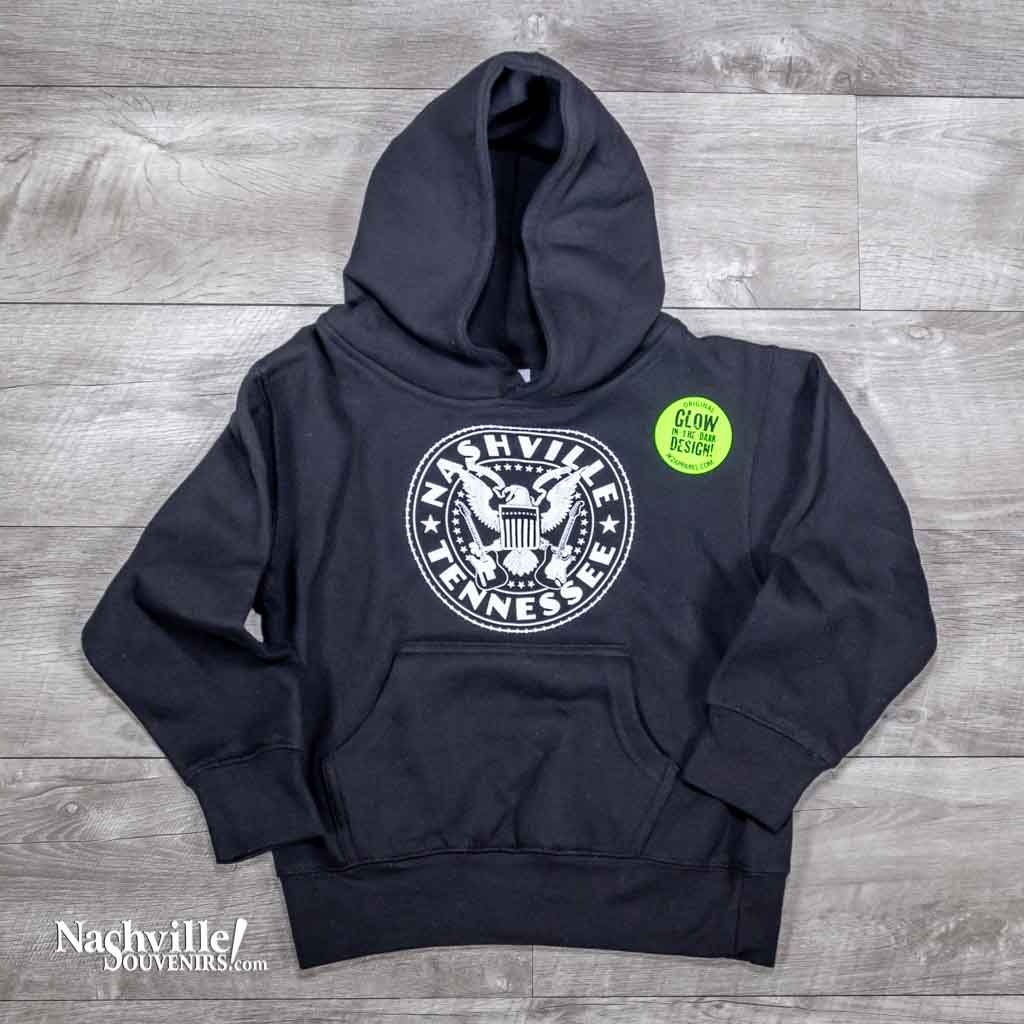 Our new "Nashville Tennessee" Hoodie. This hoodie features a round logo with an eagle in the center clutching a guitar in each of its talons. The logo is also a "glow in the dark" design which kids really love.