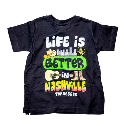 Our new design toddler "Life is Better in Nashville Tennessee" T-Shirt features a colorful logo that includes the Nashville downtown skyline along with a cowboy hat, guitar and boots.  This shirt is available in either Black or Royal Blue and comes in toddlers sizes 2T, 3T and 4T.