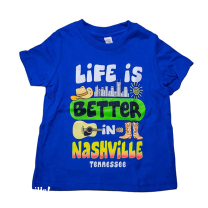 Our new design toddler "Life is Better in Nashville Tennessee" T-Shirt features a colorful logo that includes the Nashville downtown skyline along with a cowboy hat, guitar and boots.  This shirt is available in either Black or Royal Blue and comes in toddlers sizes 2T, 3T and 4T.
