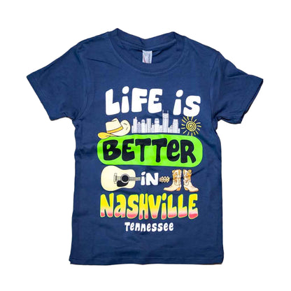 Our new design toddler "Life is Better in Nashville Tennessee" T-Shirt features a colorful logo that includes the Nashville downtown skyline along with a cowboy hat, guitar and boots.  This shirt is available in either Black or Marine Blue and comes in toddlers sizes X-Small, Small, Medium and Large.