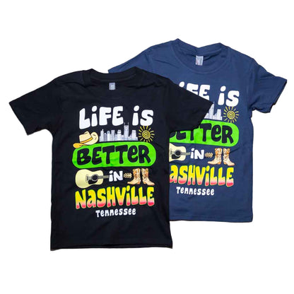 Our new design toddler "Life is Better in Nashville Tennessee" T-Shirt features a colorful logo that includes the Nashville downtown skyline along with a cowboy hat, guitar and boots.  This shirt is available in either Black or Marine Blue and comes in toddlers sizes X-Small, Small, Medium and Large.
