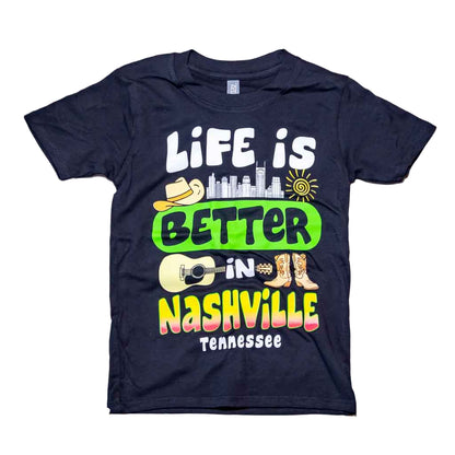 Our new design toddler "Life is Better in Nashville Tennessee" T-Shirt features a colorful logo that includes the Nashville downtown skyline along with a cowboy hat, guitar and boots.  This shirt is available in either Black or Marine Blue and comes in toddlers sizes X-Small, Small, Medium and Large.