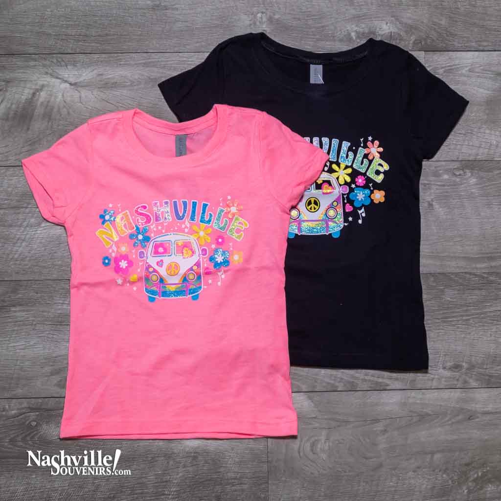 Our new design, youth "Flower Child Bus Nashville" T-Shirt features a colorful, glittery logo Nashville atop the front of an iconic VW love bus popular during the 70's.  This shirt is available in either Pink or Black and comes in youth sizes X-Small, Small, Medium and Large.