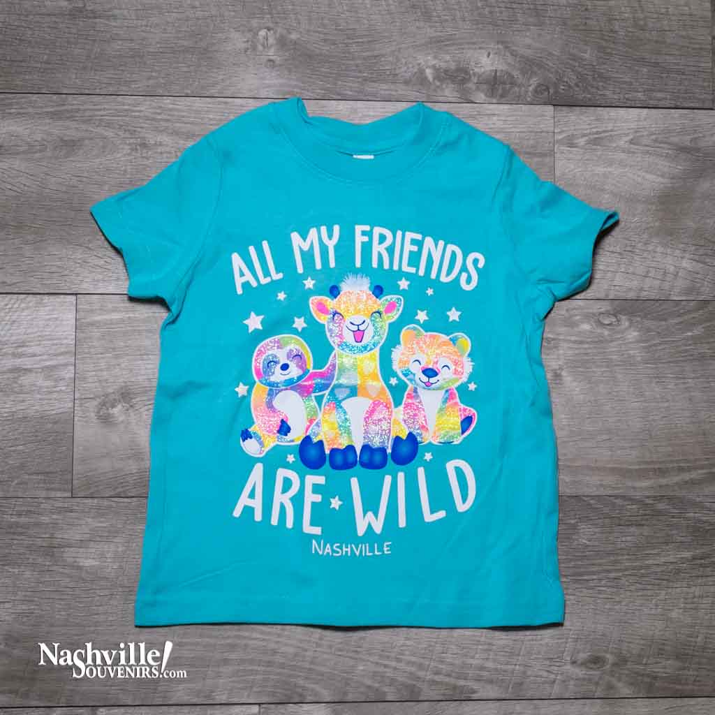 Our new design toddler "All My Friends Are Wild Nashville" T-Shirt features a colorful, glittery logo that includes three different "wild" animals.  This shirt is available in either Raspberry or Caribbean and comes in toddlers sizes 2T, 3T and 4T.