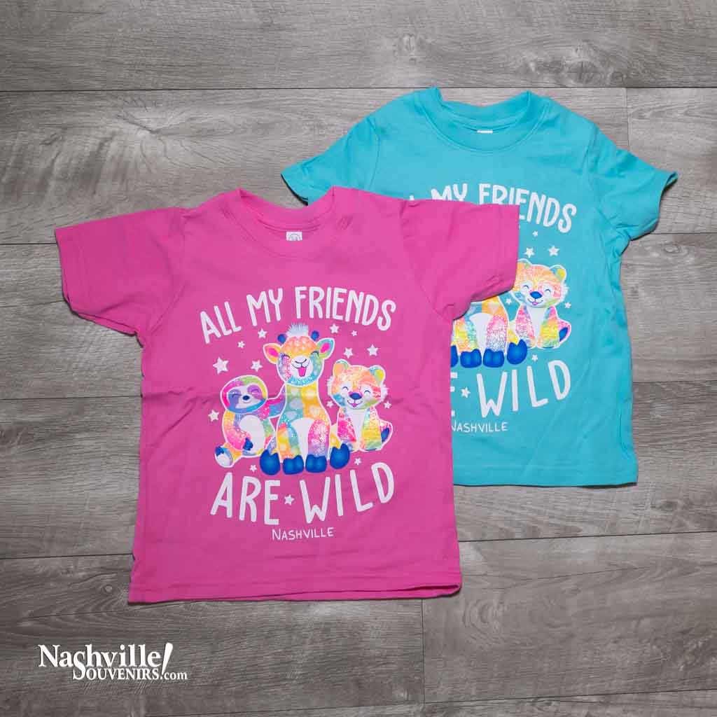 Our new design toddler "All My Friends Are Wild Nashville" T-Shirt features a colorful, glittery logo that includes three different "wild" animals.  This shirt is available in either Raspberry or Caribbean and comes in toddlers sizes 2T, 3T and 4T.