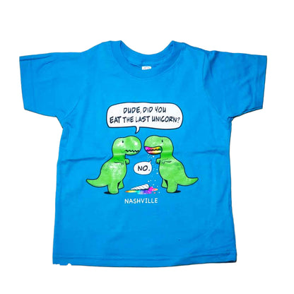Turquoise toddler "Last Unicorn Nashville" T-Shirt features a colorful logo that includes two dinosaurs discussing the mysterious demise of the last unicorn! Beneath the dinosaurs you'll find "Nashville".